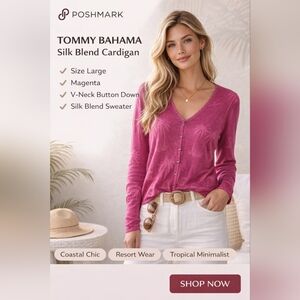 Tommy Bahama Silk Blend Cardigan Large V-Neck Button Front Lightweight Tropical